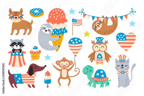 4th of july USA Independence day cute animal set. Childish print for cards, stickers and party invitations