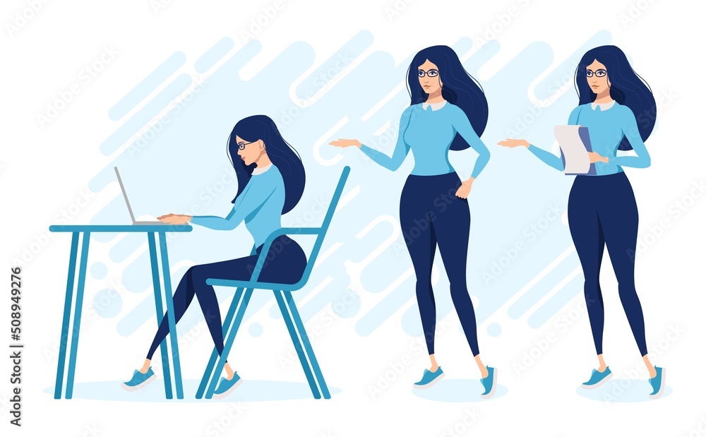 An office girl with glasses is sitting at her laptop, standing with a list. Three poses for presentations.