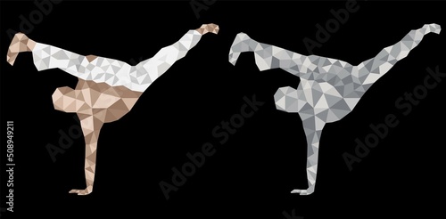 Capoeira man does high kick acrobatics . Au batido capoeira mouvment. Low poly design vector illustration