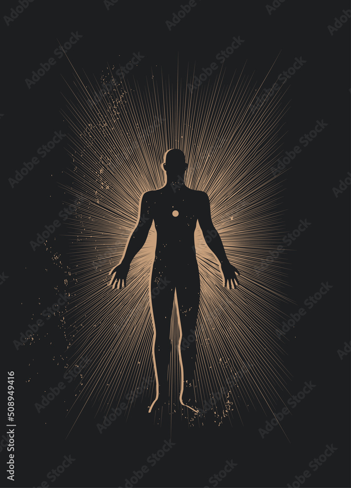 Spiritual human body silhouette surrounded sun rays on black background. Trance or meditation or astral body concept illustration for poster or wall art print design. Vector illustration