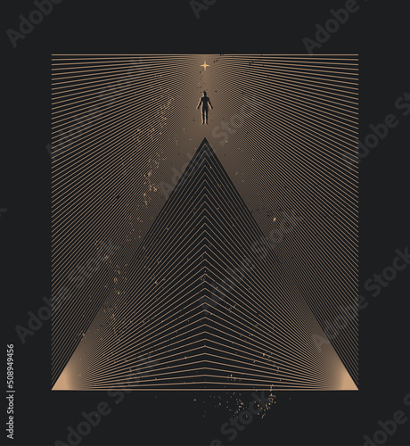 Human spirit greatness concept illustration with human body silhouette rises above the pyramid on black background. Vector illustration photo