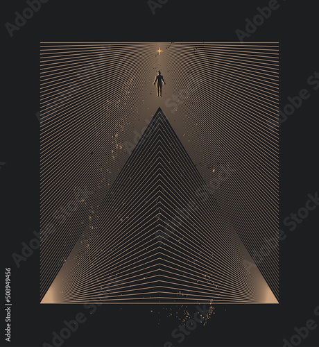 Human spirit greatness concept illustration with human body silhouette rises above the pyramid on black background. Vector illustration