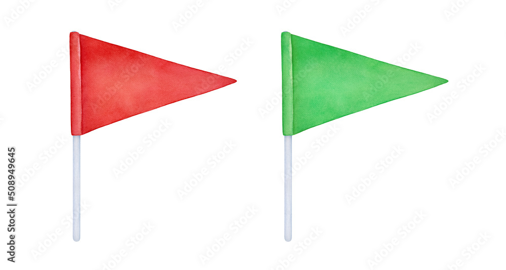 Watercolour illustration set of two triangular flags in red and green colors. Symbols of stop and go lights. Hand painted graphic drawing on white background, cut out clip art elements for design, Watercolour illustration set of two triangular flags in red and green colors. Symbols of stop and go lights. Hand painted graphic drawing on white background, cut out clip art elements for design,