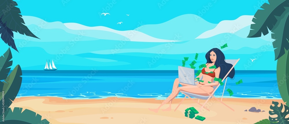 The girl is resting on the beach, banknotes from a laptop are flying into her. Work and travel. Freelance