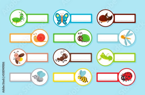 Collection name tags for kids vector illustration. Set childish labels with cute baby animals
