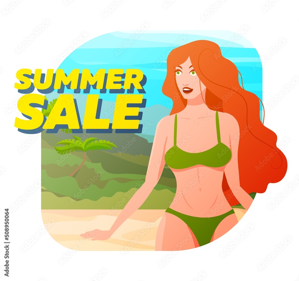 Banner summer sale with a red-haired girl in a green bikini on the background of a tropical beach.