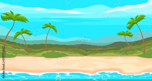 The landscape of a tropical sandy beach with palm trees.