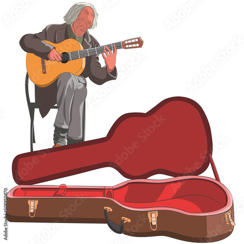 Old street musician with guitar isolated on white background.