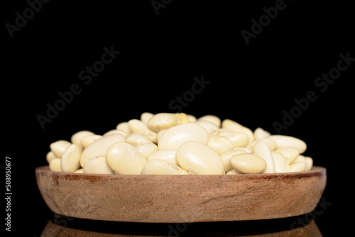 Uncooked white beans on a wooden plate  close-up  isolated on a black background.