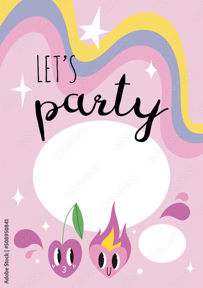 Party Invitation Card Template with funny comic cute characters and doodles: cherry and heart in love, cartoon style. Trendy modern vector illustration, hand drawn Party Invitation Card Template with funny comic cute characters and doodles: cherry and heart in love, cartoon style. Trendy modern vector illustration, hand drawn