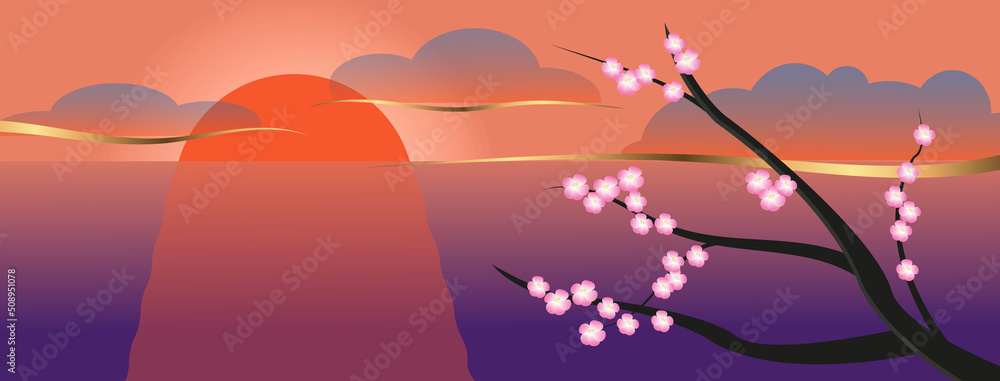 Background in Chinese style, sakura branch on the background of the sunset sky and the surface of the water, decorated with golden stripes