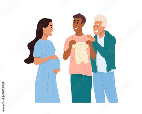 Gay couple becoming parents through surrogacy. Expectant mother holds on big belly and smiles at fathers. Happy men smile while holding clothes for baby. Color flat vector illustration