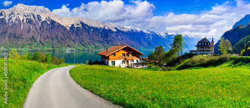 Idyllic Swiss nature landscape - green meadows surrounded by Alps mountains. Scenic lake Brienz, Iseltwald village photo