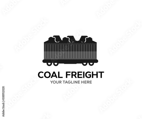 Train coal mining export shipment logo design. Railway wagon loaded with coal. Coal freight train at the railway station. Coal wagon, mining and transportation of minerals by rail vector design and il