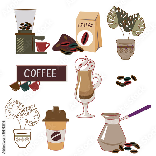 Coffee items icons set, flat vector illustration isolated on white background. Collection of elements and symbols for coffee shop and drink packaging design.
