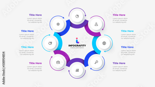 Cycle diagram divided into 8 segments. Concept of eight options of business project infographic. Vector illustration for data analysis visualization.
