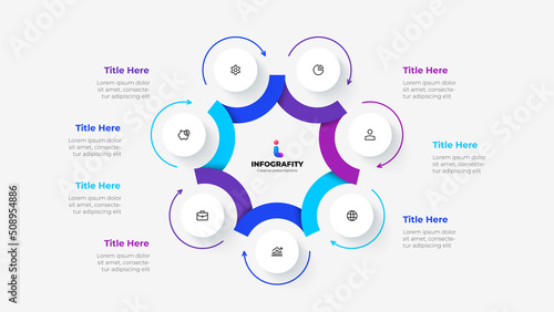 Cycle diagram divided into 7 segments. Concept of seven options of business project infographic. Vector illustration for data analysis visualization.