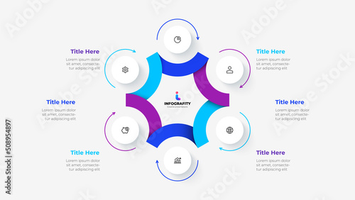 Cycle diagram divided into 6 segments. Concept of six options of business project infographic. Vector illustration for data analysis visualization.