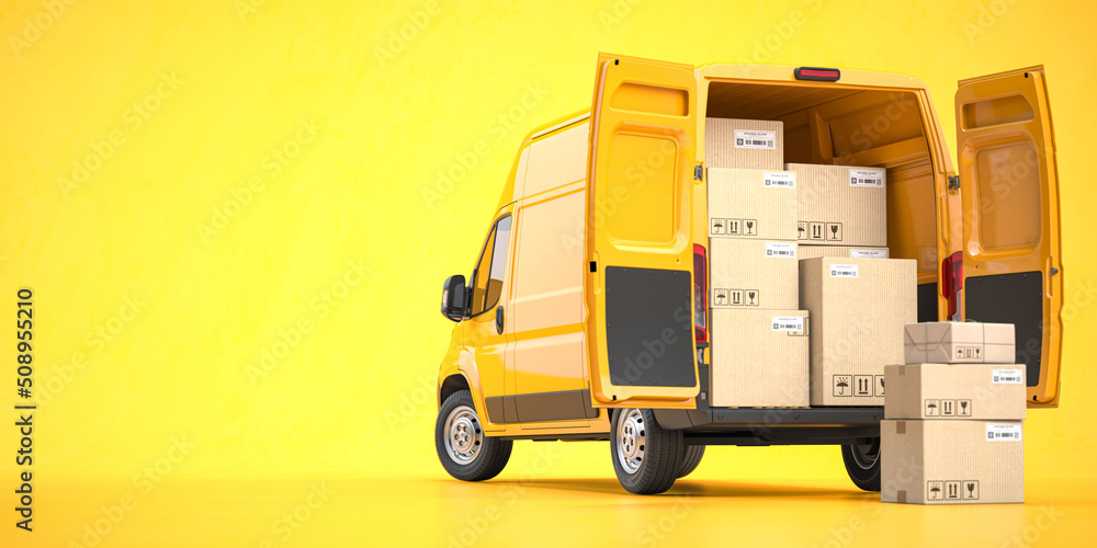Fast espress delivery concept. Rear view of yellow delivery van with