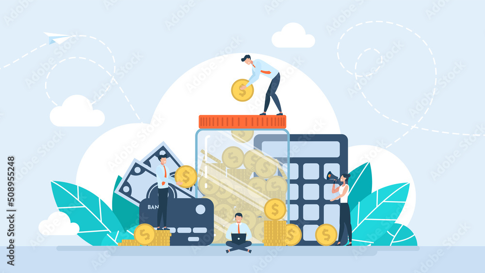 The concept of saving money. Gold coins in a glass, transparent jar with a lid. Piggy bank for storing money. Jar with money. Man puts a gold coin into a glass moneybox. Flat illustration. Vector The concept of saving money. Gold coins in a glass, transparent jar with a lid. Piggy bank for storing money. Jar with money. Man puts a gold coin into a glass moneybox. Flat illustration. Vector