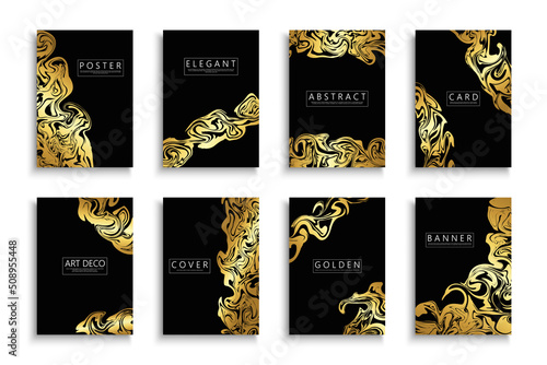 Collection of black luxury posters, cards, brochures, flyers, banners, placards and ect. Elegant dark covers - golden rich design. Art deco backgrounds