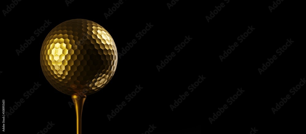 Gold golf ball on golden golf tee over black background, winner or