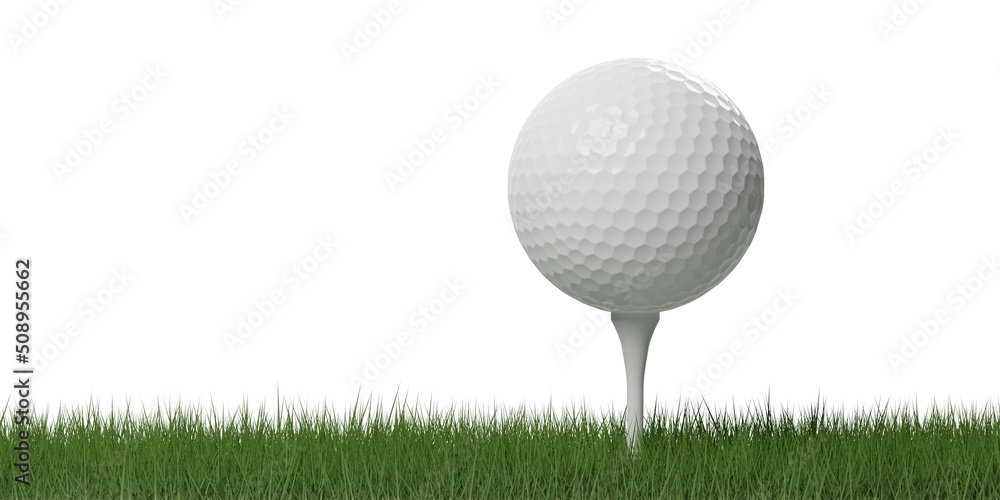 White golf ball on white golf tee in green grass over white background with shadow White golf ball on white golf tee in green grass over white background with shadow