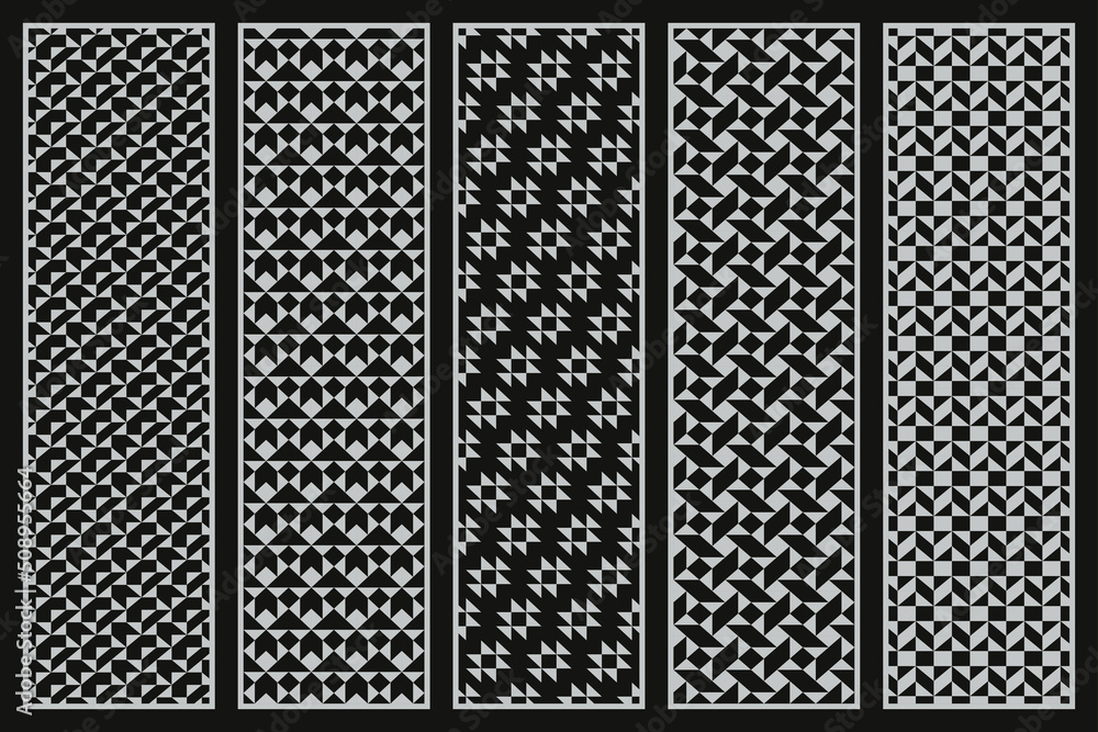 Set of vector black decorative seamless patterns with geometric shapes. Abstract fabric dark backgrounds. Monochrome mosaic textures Set of vector black decorative seamless patterns with geometric shapes. Abstract fabric dark backgrounds. Monochrome mosaic textures