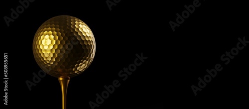 Gold golf ball on golden golf tee over black background  winner or champion concept