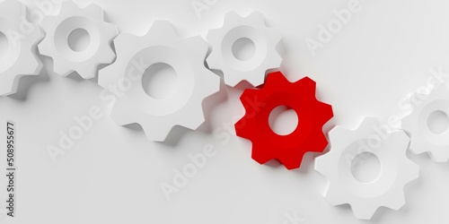 Row of white gears or cogwheels with one red on white background, modern minimal management, team, process or industry concept template flat lay top view from above photo