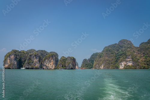 Traveling with the view of Pileh Lake in Phi Phi Ley Island of the Andaman Sea, Krabi and Phuket provinces of Thailand. suitable for travel Famous for snorkeling, for outdoor summer vacation trips.