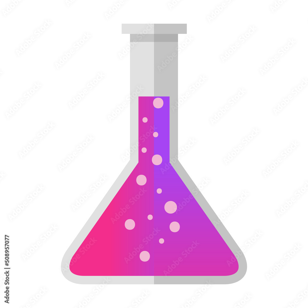 Cartoon conical flask with purple pink liquid potion vector isolated object