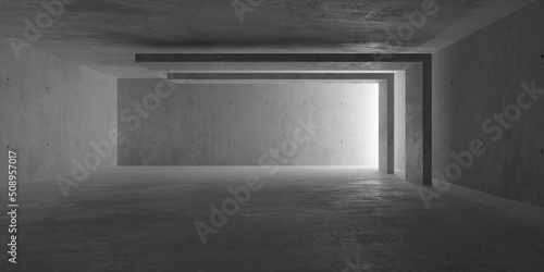 Abstract empty, modern concrete room with floating pillars and indirect light from the right back wall and rough floor - industrial interior background template