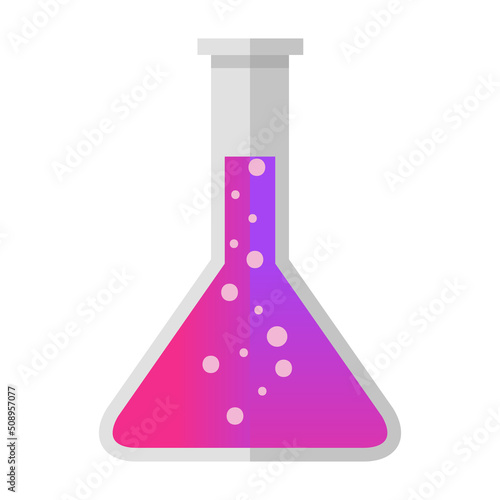 Cartoon conical flask with purple pink liquid potion vector isolated object