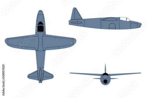 He 178 First Jet Powered Plane 1939. Top, Side, Front View Silhouettes. Vintage airplane. Vector clipart isolated on white. photo