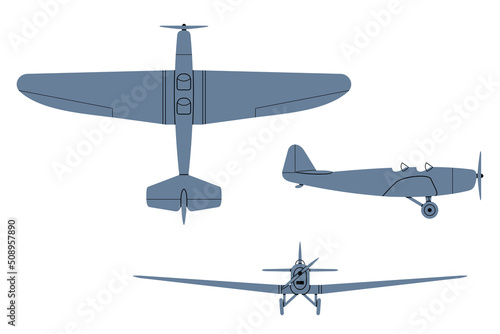 KL-25 Training Plane 1929. Top, Side, Front View Silhouettes. Vintage airplane. Vector clipart isolated on white.