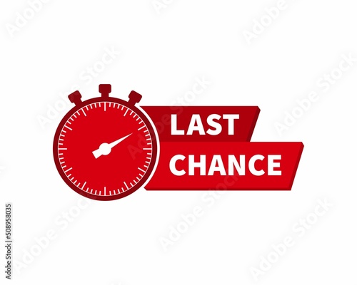 Red ribbon with clock and last chance seal. Sale banner with countdown alarm clock for retail, shop, social media