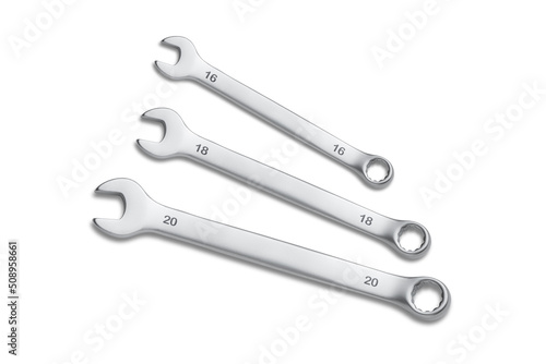 Wrench isolated on white. Spanners. Many wrenches. Industrial background. Set of wrench tool equipment. Set of wrenches in different sizes.