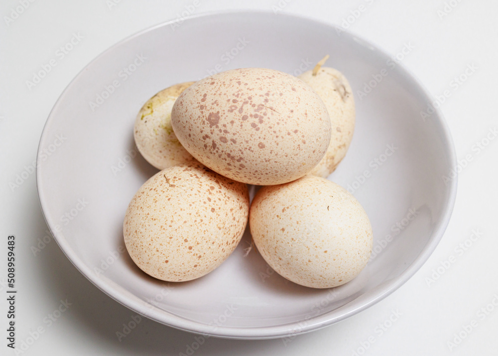 A bowl of fresh Turkey Eggs on a white background Large speckled eggs shells A bowl of fresh Turkey Eggs on a white background Large speckled eggs shells