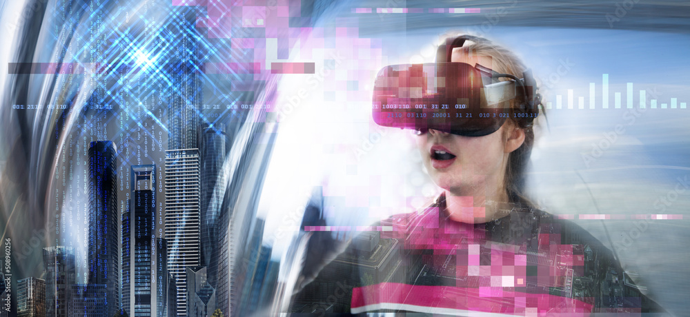 Fototapeta premium Young girl wearing VR headset, enjoying game, visual simulation, learning, virtual travelling.