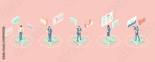 Isometric business environment. Business people, team working in server room, big data analyse, new business, start up, technology, computing, automatisation concept