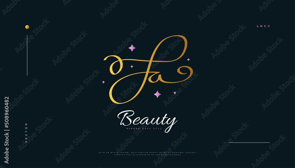 Fototapeta premium JA Initial Signature Logo Design in Gold Handwriting Style with Pink Stars. Initial J and A Logo Design for Wedding, Fashion, Jewelry, Boutique and Business Brand Identity