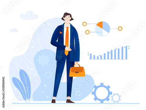 Young happy businessman with graphs and charts. Business success, investments growth, start up, financial advising concept illustration