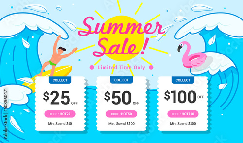 Summer sale coupon template background vector illustration. Happy Big waves surfing