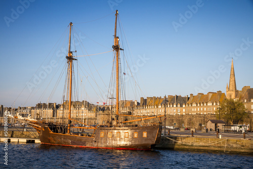 Old corsair ship in the port of Saint-Malo, Brittany, France