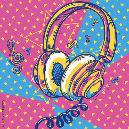 Music design - colorful drawn headphones and notes