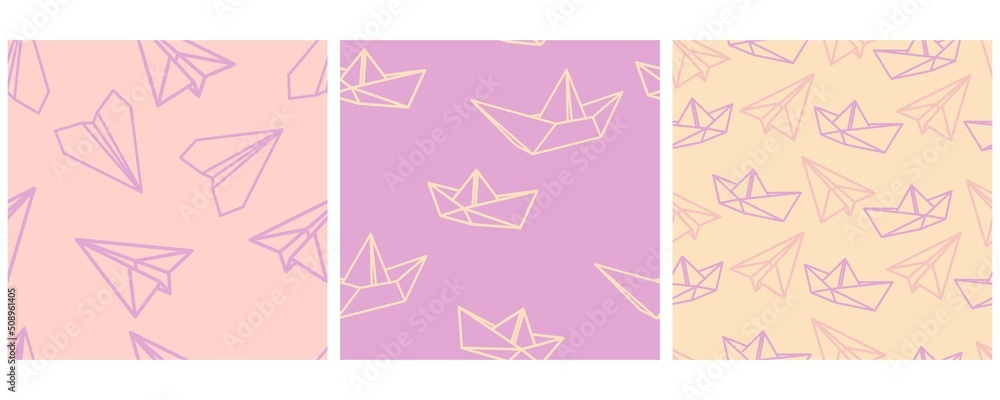 Set of seamless vector patterns with paper boats and airplanes. Origami. Ships and planes from colored lines for print and fabric. Set of seamless vector patterns with paper boats and airplanes. Origami. Ships and planes from colored lines for print and fabric.