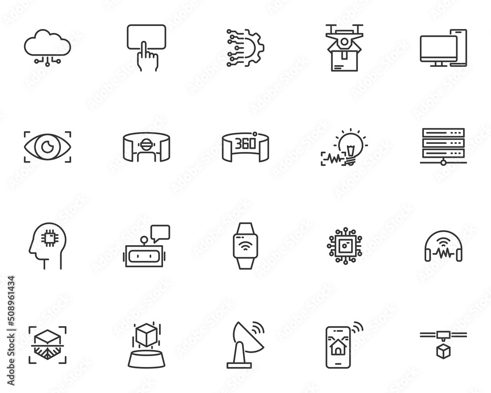 set of technology line icons, ar, vr, metaverse