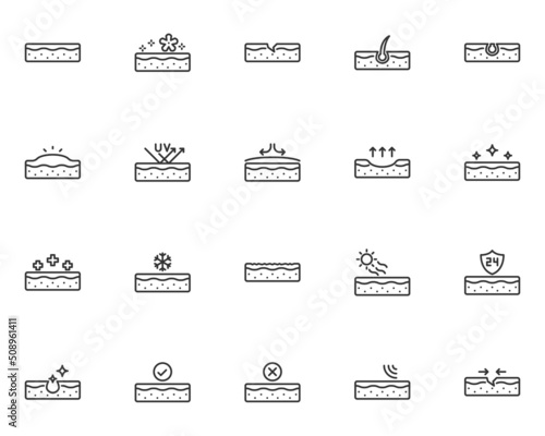 set of skin line icons, epidermis, wrinkles, pore