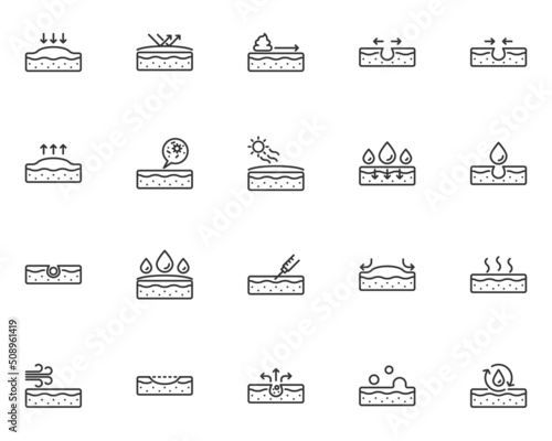 set of skin line icons, epidermis, wrinkles, pore